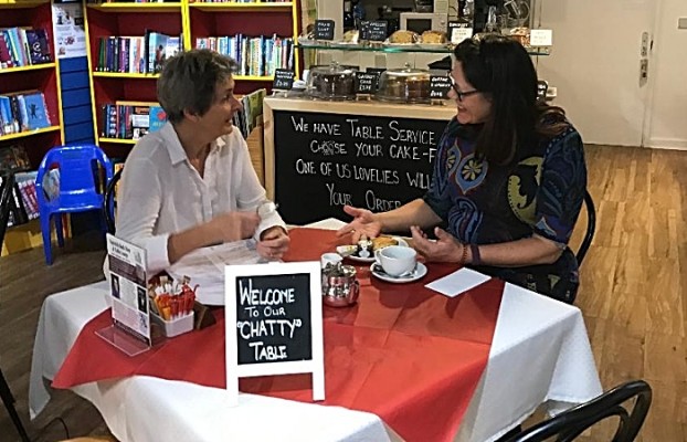Staff at Nantwich Bookshop try out Chatty Tables