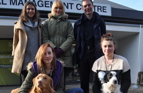 Laura Quickfall and Victoria Brown (The Kennel Club), Paul Hodson (Blue Cross), Lucinda Caton-Tanner with Zak and emma Chapman with Poppy