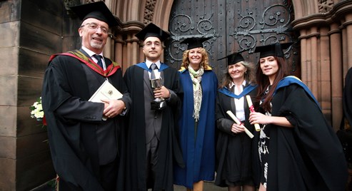 Kate Humble and Meredydd David with 1st class hons grads Jillian Griffith and Sarah Forrester and Pedro dos Santos, Eden student of the yr