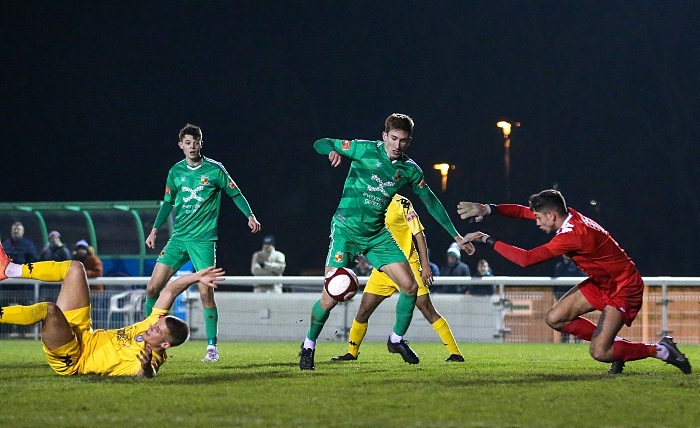 Second-half - Dan Cockerline tees a shot which is saved by Lancaster keeper Wyll Stanway (1)