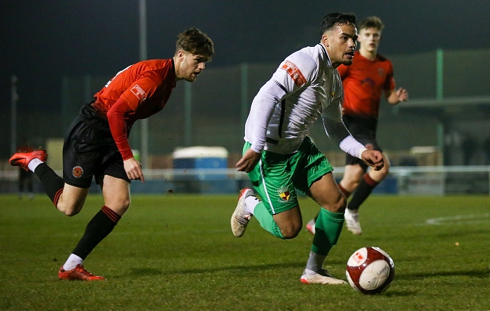 First-half v Mickleover - Dabbers debutant and Man of the Match Akiel Raffie on the ball (1)