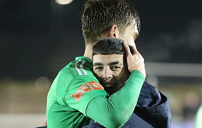 Full-time - Nantwich Refrigeration Services man of the match Dan Cockerline embraces Carlos “Thommy” Montefiori in victory (1)