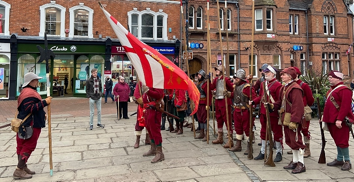 Pikemen and musketeers on Nantwich town square after wreath laying (1)