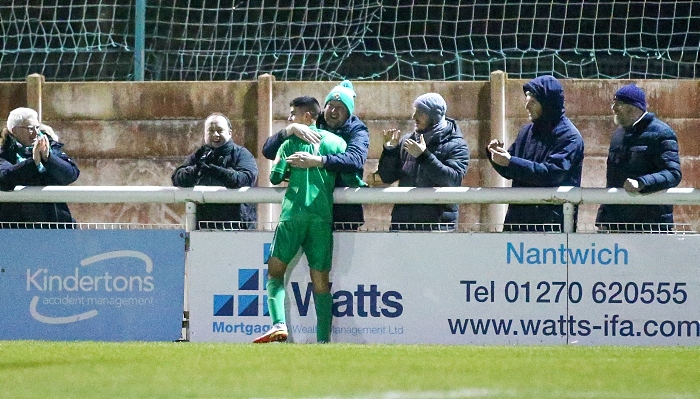 First-half - Nantwich goal - Carlos “Thommy” Montefiori celebrates his goal with SuperDabbers v Stockport