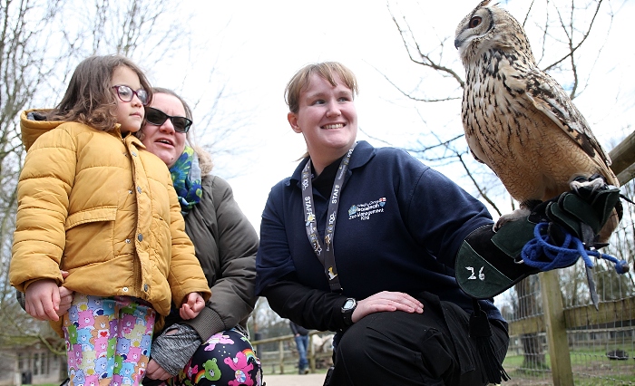 Coco-Mae (5), Fiona Campbell (aunt), Kira Grimshaw, Ravi (bengal eagle owl) (1)