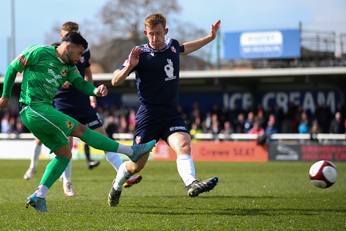 First-half - first Nantwich goal - Akiel Raffie zips the ball low past Whitley at his near post (1)