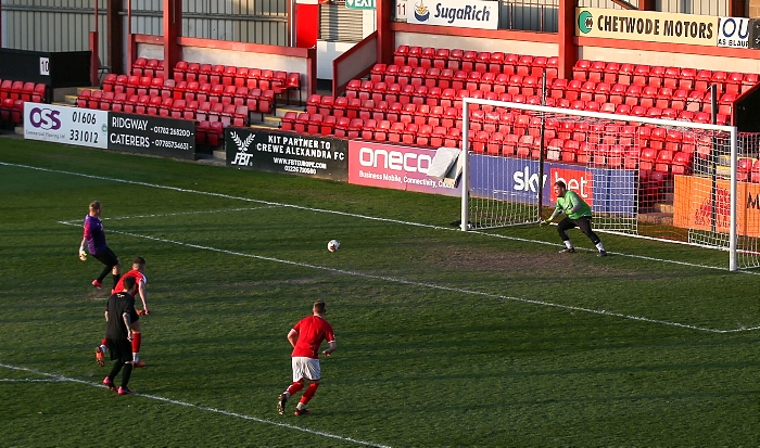 Red Alex Shirts captain & goalkeeper Ashley Scoffin scores the first goal of the match from the penalty spot (1)