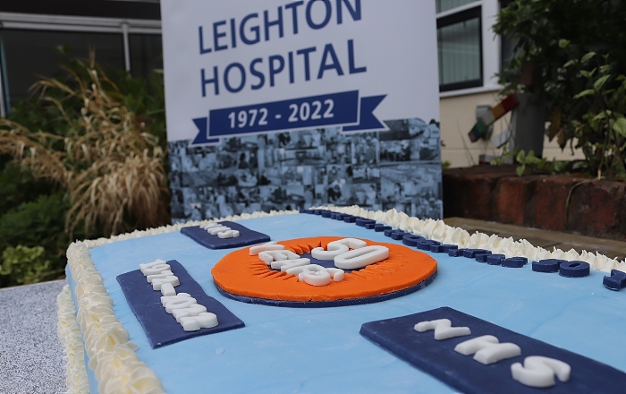 Leighton Hospital - Cake with banner in background