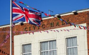 Union Jack and bunting at Nantwich Civic Hall