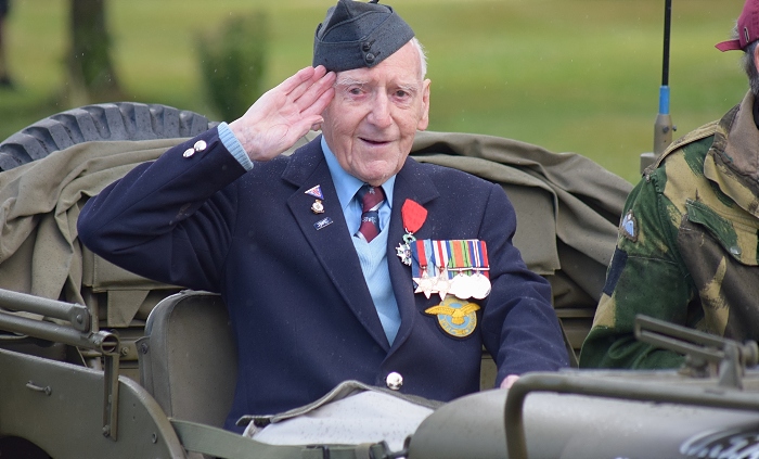 Armed Forces Day - Special guest Sergeant Bernard Morgan salutes as he arrives as passenger in open Jeep (1)