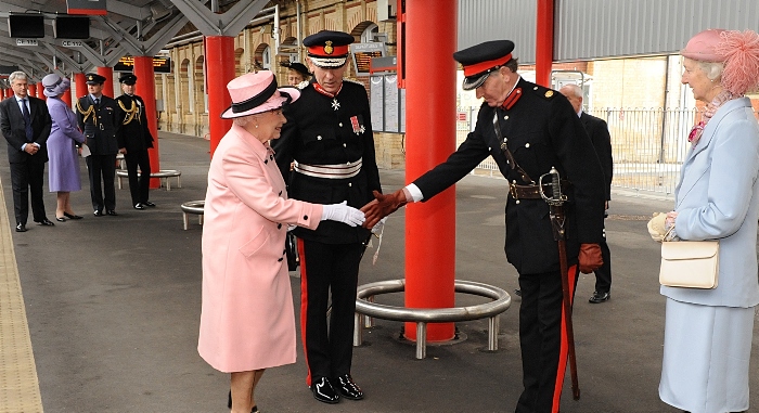 Queen arrives at Crewe Station 2010 with Lord Lieutenant and Viscount Ashbrook (1)