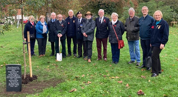 Frank Tew’s son Paul and sister Yvonne Pownell with members of Nantwich RBL at completion of tree planting at garden