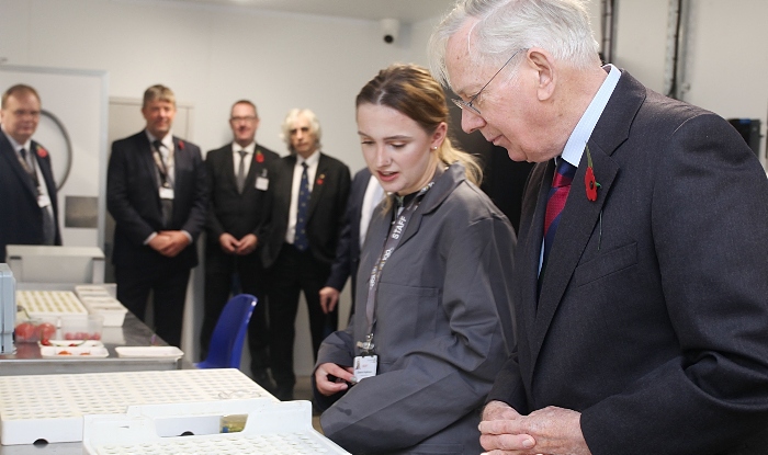 HRH The Duke of Gloucester in the Vertical Farm with Horticultural Technician Ellie Hopkinson (1)