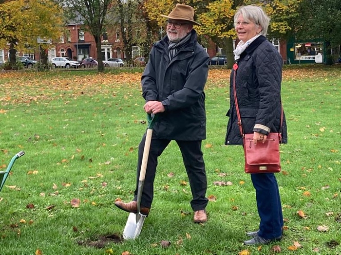 l-r Frank Tew’s son Paul with his sister Yvonne Pownell break the turf for the final tree (1)