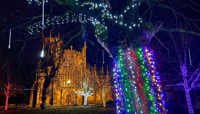 Illuminated trees and St Mary's Nantwich (1)