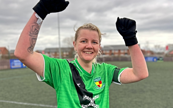 Full-time - skipper Claire Rathbone celebrates victory and her 50th appearance for the Dabbers (1)