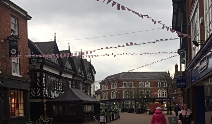 Coronation flags in Nantwich town square