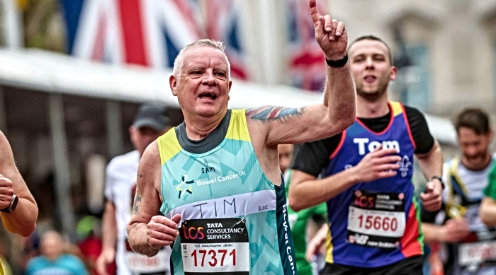 Tim Bowker celebrates finishing the London Marathon 2023 (1)