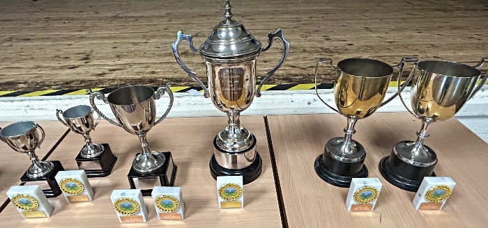 Adult tournament tennis trophies on display