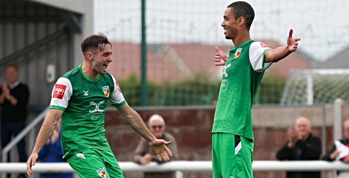 FA Cup Second-half - second Dabbers goal - Byron Harrison celebrates his goal with teammate (1)