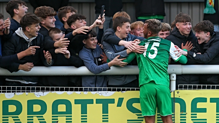 Full-time - Kai Evans celebrates victory over Kidsgrove with Dabbers fans (1)