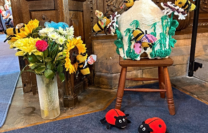 Ladybirds and knitted bees pollinating flowers - acton harvest