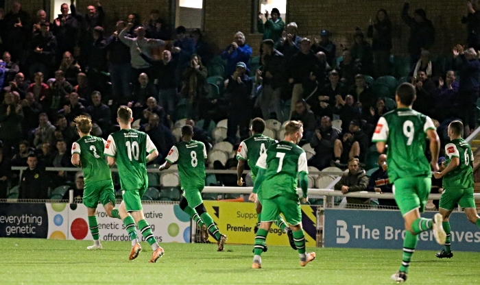 Second-half - second Dabbers goal - Ahmed Ali celebrates his goal with fans in the Swansway Stand (1)