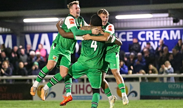 Nantwich Town FC - Ahmed Ali celebrates victory with teammates against Chester
