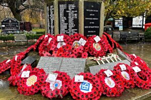 Wreaths on war memorial
