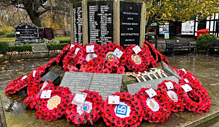 Wreaths on war memorial