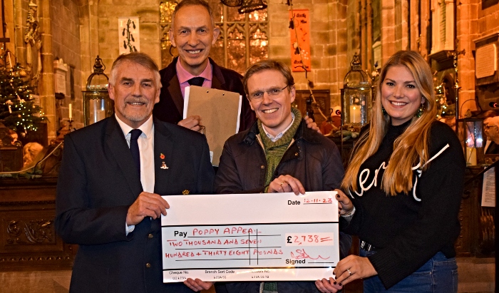 Bill Ogg (left) receives the cheque for Nantwich RBL from Acton Church for their Remembrance Sunday ‘Night at the Proms’ production (1)