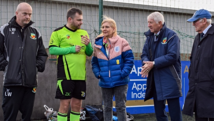 Debbie Hewitt MBE (centre) speaks to Craig Acton from Nantwich Town Disability Football (1)