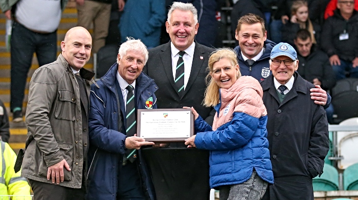 Pre-match - Debbie Hewitt MBE with plaque and dignitaries marking the official opening of the Swansway Stadium 3G pitch (1)