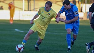 First-half - Dabbers captain Joel Connolly controls the ball under pressure (1)