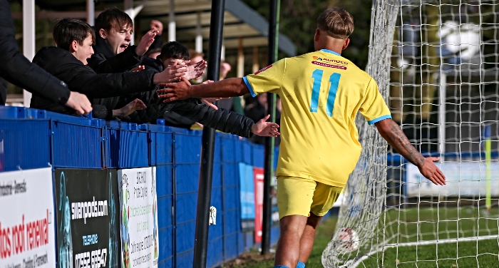 First-half - second Dabbers goal - Kai Evans celebrates his goal with fans (1)