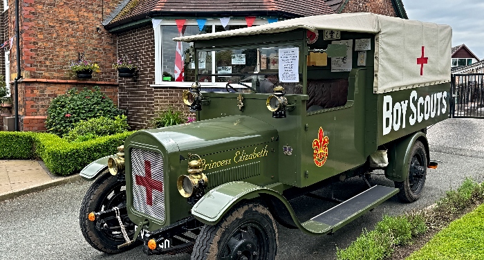 WW1 Boy Scout Ambulance outside Village Hall (1)