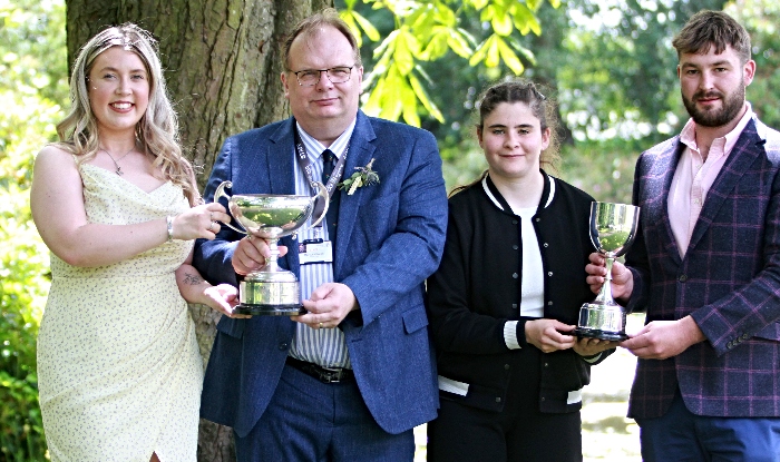 Sophie Connor, Principal Marcus Clinton, Elle Baldwin and Twm Tegid Brunton guest speaker (1)