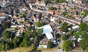 Aerial view of Love Lane car park activities in foreground and St Marys Church (1)