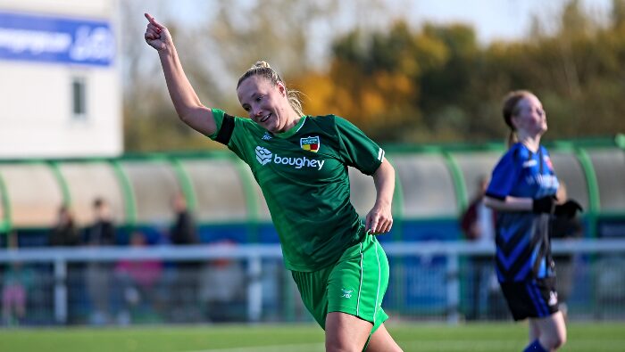 Amanda Fallon celebrates scoring one of her five goals