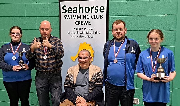 Seahorse swimmers with Halliwick AST Chairman, William Wyatt L to R Annabelle Marriott, Neil Jones, William Wyatt, Carson Bruce and Heidi Tomkinson (1)