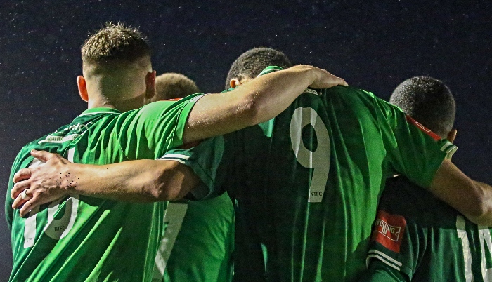 Second-half - second Dabbers goal v Atherton - Byron Harrison celebrates with teammates (1)