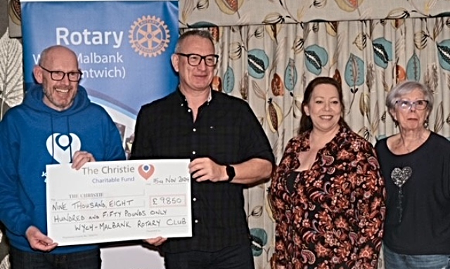 The Christie - cheque from Wych-Malbank Rotary auction