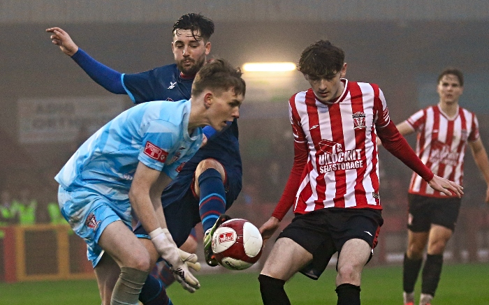 First-half - red card - Callum Saunders is adjudged to have fouled the Witton keeper (1)