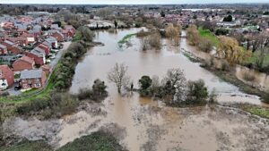 drone image of flooding along River Weaver