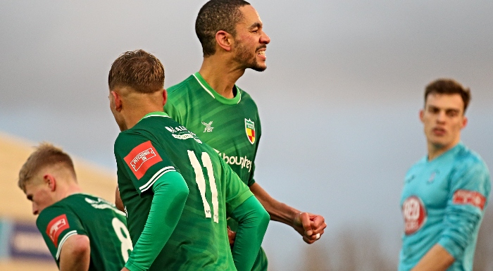 First-half - first Dabbers goal - Byron Harrison celebrates his penalty with fans (1)