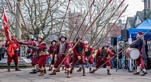 Publicity photo - Pikemen on town square with St Marys Church in background (1)