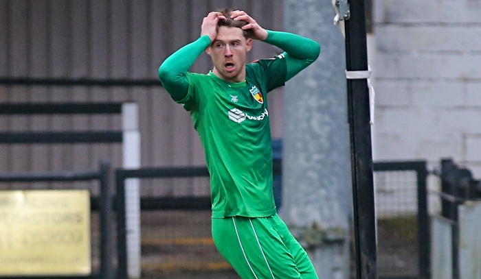 First-half - Alex Panter reacts to his near miss off the woodwork (1)