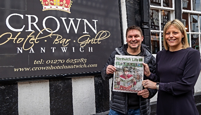 Abbi Ellwood of The Crown Hotel with Pete Leydon editor of Nantwich News