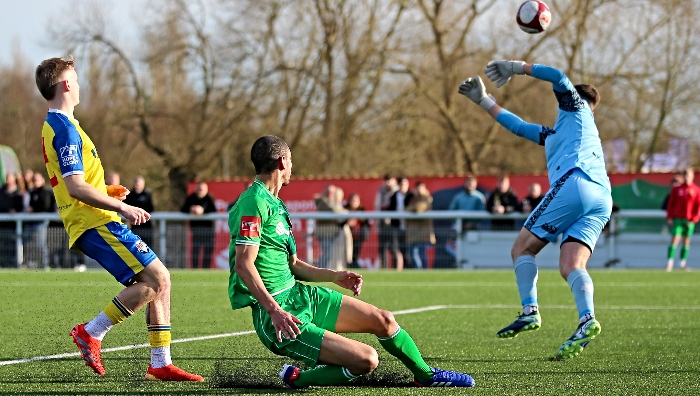 First-half - Byron Harrison chips the Mossley keeper but the shot was wide of the target (1)