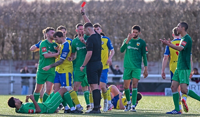 Second-half v Mossley - Dabbers captain Troy Bourne (on the ground) is shown a straight red (1)